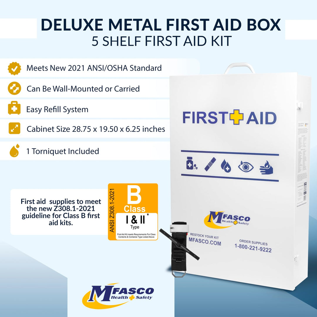 MFASCO 5-Shelf First Aid Kit - 2021 OSHA Compliant Class B, Wall Mount First Aid Cabinet for Businesses & Industrial